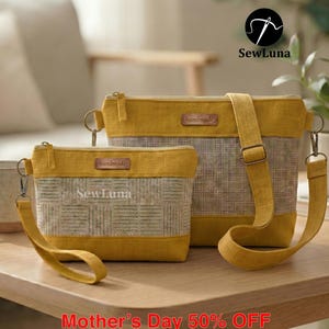 May include: Two handmade yellow and grey fabric bags with zips and straps. The smaller bag has a wrist strap, and both have "handmade" tags. The bags are on a wooden table. The text "SewLuna" and "Mother's Day 50% OFF" are visible.