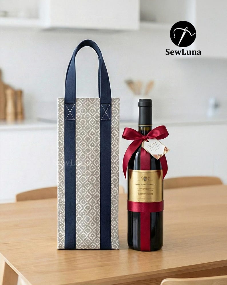 Tall fabric wine bottle carrier with a grey geometric pattern and navy straps, standing on a wooden table next to a wine bottle tied with a red ribbon. Modern kitchen background. Represents a digital sewing pattern for a reusable wine tote bag.