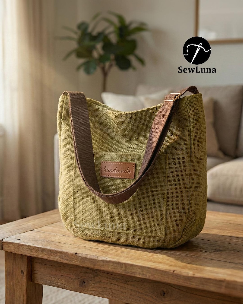 May include: A green canvas tote bag with a brown strap and a small brown leather patch that says "handmade". The bag is sitting on a wooden table. The bag has a rectangular pocket on the front.