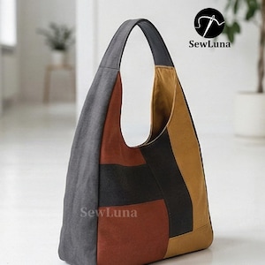 May include: A patchwork shoulder bag with a single strap. The bag features panels of gray, black, rust, and tan fabric. The brand name "SewLuna" is printed on the bag.