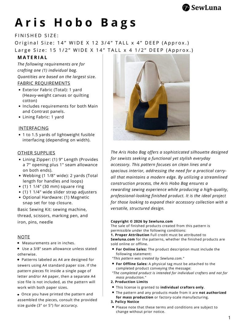 Hobo Bag Sewing Pattern | Aris 2 Sizes Slouchy Tote Tutorial | DIY ...