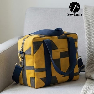 May include: A yellow and grey geometric patterned tote bag with navy blue handles and a shoulder strap. The bag has a zipped top and a small front pocket. The SewLuna logo is visible in the upper right corner.
