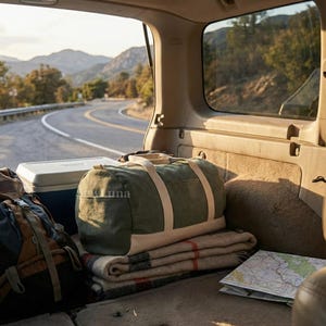 May include: A green canvas duffel bag with cream-colored straps sits atop a folded blanket in the back of a vehicle. A backpack, cooler, and map are also visible, with a scenic road and mountains in the background, suggesting a road trip.