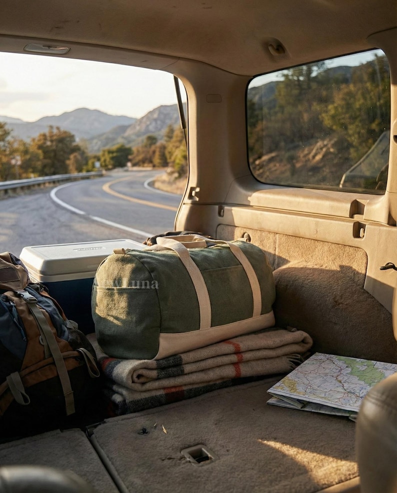 May include: A green canvas duffel bag with cream-colored straps sits atop a folded blanket in the back of a vehicle. A backpack, cooler, and map are also visible, with a scenic road and mountains in the background, suggesting a road trip.