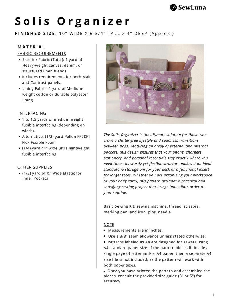 PDF-sömnadsmönster för organiserare | Solis bag-in-bag | DIY-förvaringslåda | Syprojekt för nybörjare | Kosmetiklåda bild 8