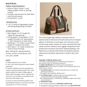 Puede incluir: Patr&oacute;n de costura para el bolso Arched Duffle, dimensiones finales 45.7 cm de ancho x 33 cm de alto x 20.3 cm de profundidad. El bolso tiene una parte superior curvada y una correa envolvente. Incluye requisitos de tela, cremallera y cincha.