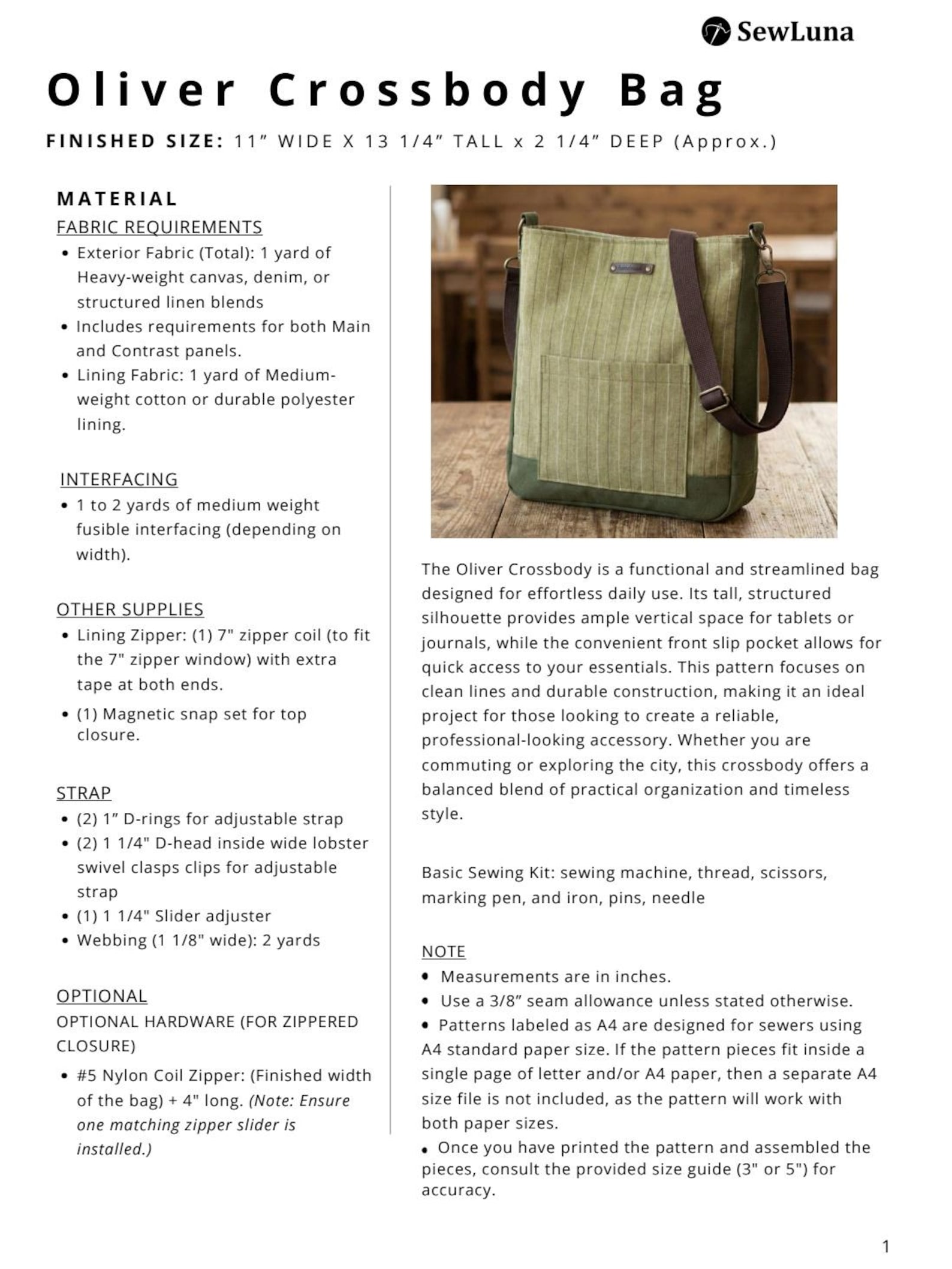 Crossbody Bag PDF Sewing Pattern | Oliver Beginner Messenger Bag PDF ...