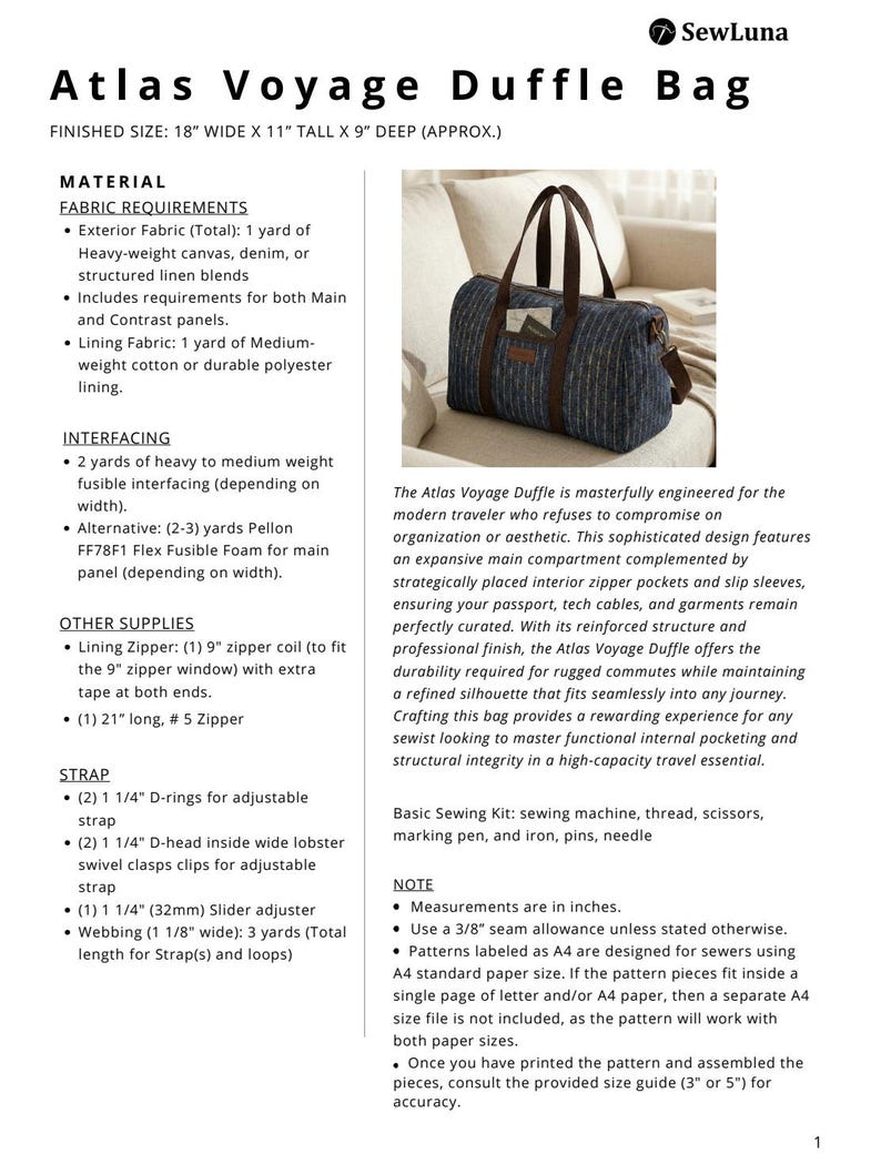 Atlas Voyage Duffle Bag PDF Sewing Pattern | Weekender Travel Bag | Gym ...