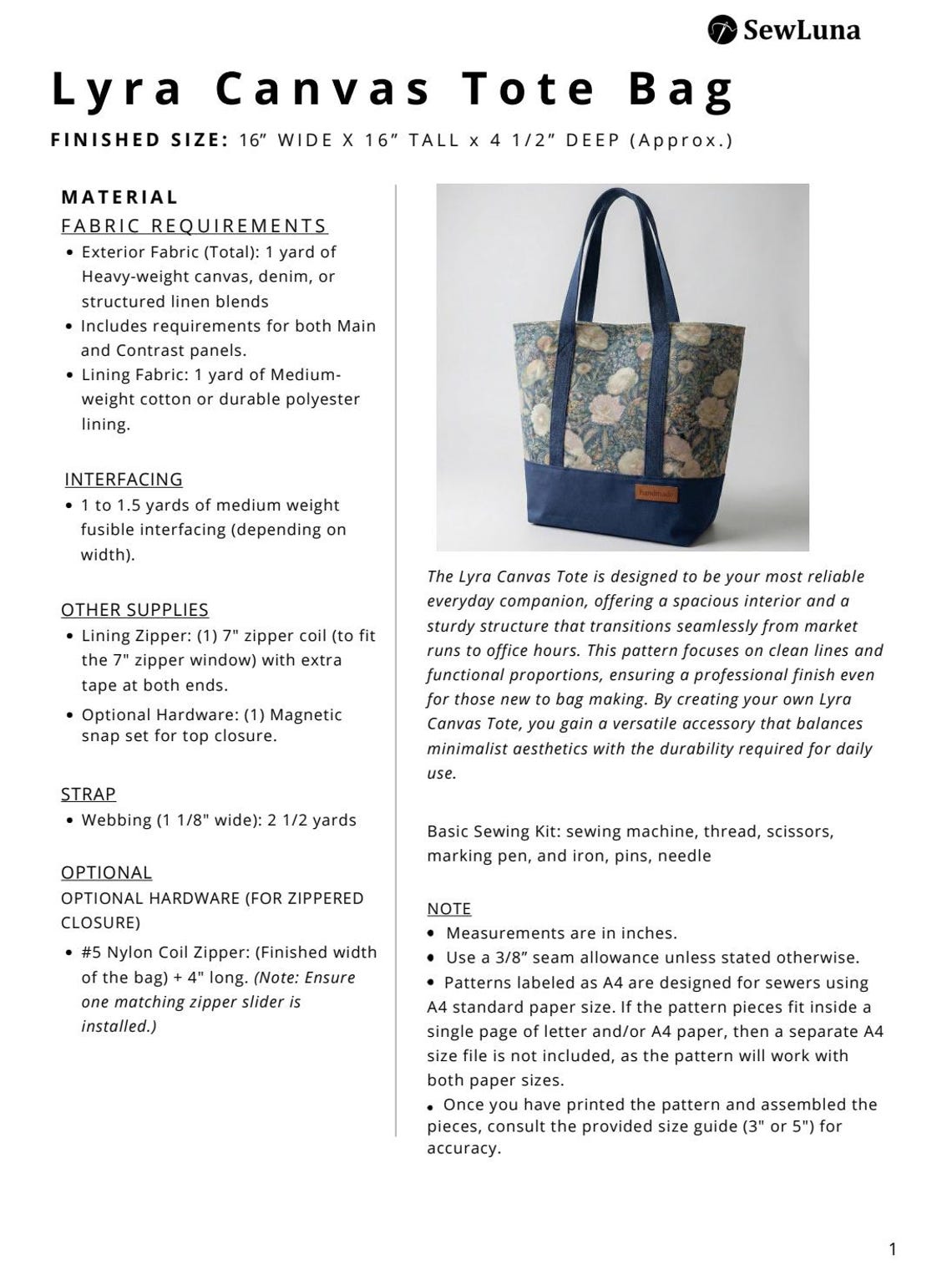 Lyra Tote Bag PDF Sewing Pattern | Canvas Bag Tutorial | PDF Market ...