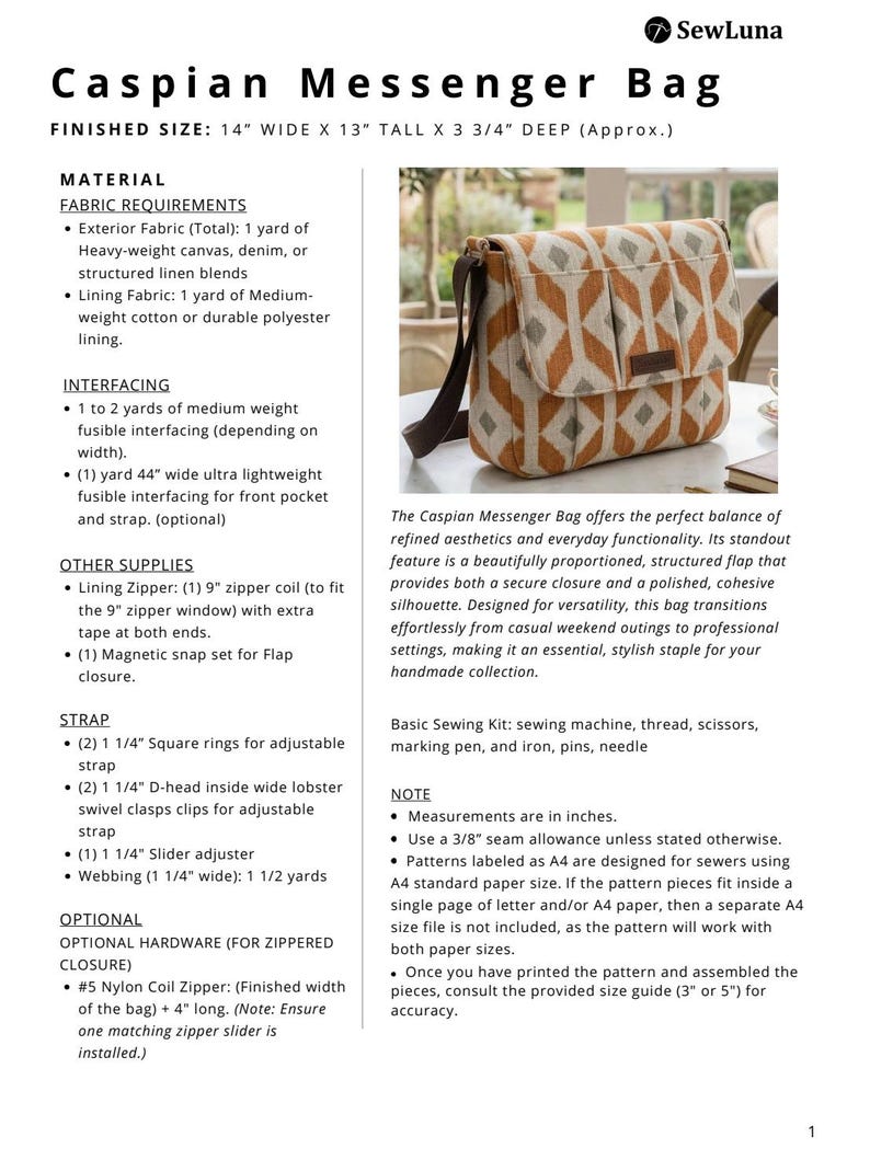 Caspian Messenger Bag PDF Sewing Pattern | PDF Crossbody Bag Pattern ...