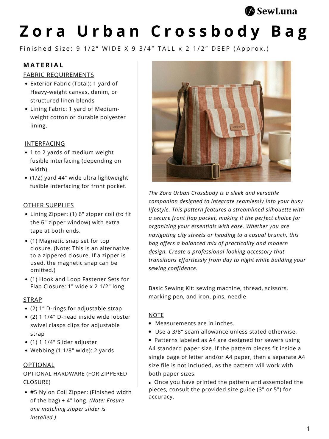 Urban Crossbody Bag PDF Sewing Pattern | Zora Beginner Purse Pattern ...