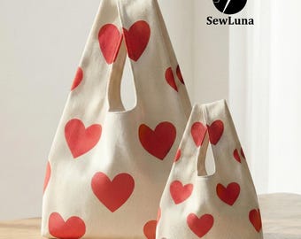 Patrón PDF para coser el bolso tote Aura / Bolsa de compras reutilizable en 2 tamaños / Tutorial para bolso tote con forma de corazón de San Valentín / Bolso con nudo japonés para principiantes