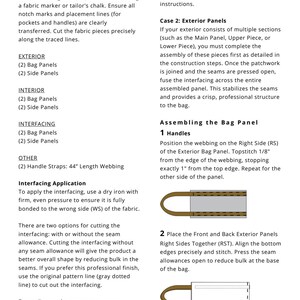 May include: A page from a sewing pattern guide with instructions for cutting and assembling bag panels. Includes diagrams and text detailing steps for exterior and interior panels, interfacing, and handle attachment. The SewLuna logo is visible.