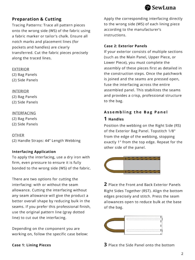 May include: A page from a sewing pattern guide with instructions for cutting and assembling bag panels. Includes diagrams and text detailing steps for exterior and interior panels, interfacing, and handle attachment. The SewLuna logo is visible.