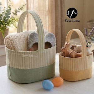 May include: Two fabric baskets with handles, one larger and one smaller, both with a striped pattern and solid-colored bottoms. The larger basket contains a rolled towel and slippers. The smaller basket holds wooden toys. Two plastic Easter eggs are in front.