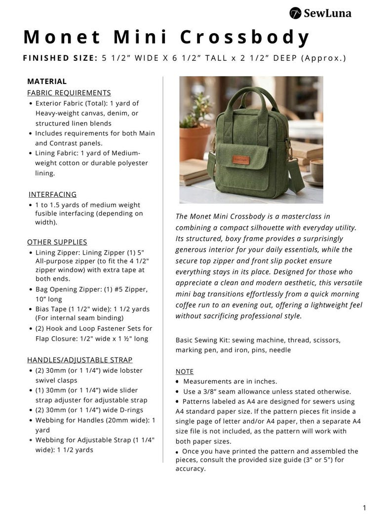 Mini Crossbody Bag PDF Sewing Pattern | Monet Small Canvas Shoulder Bag ...