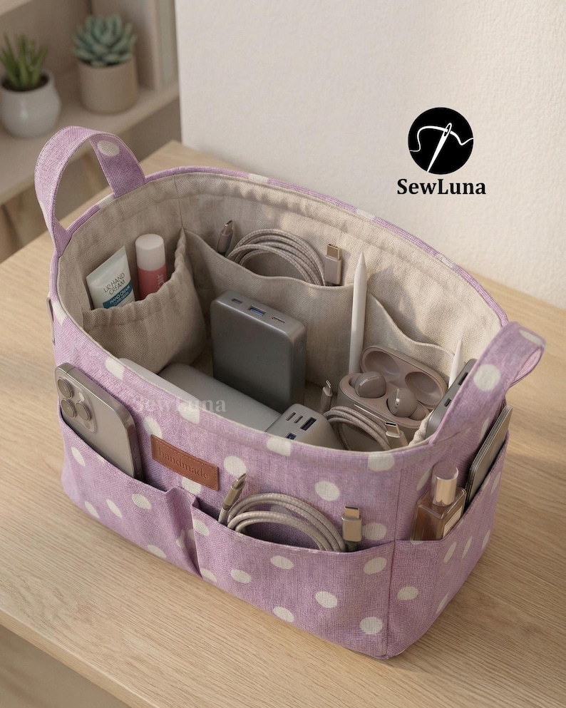 Purple polka dot handmade fabric purse organizer bag filled with daily essentials like a hairbrush, hand cream, and keys. A PDF sewing pattern project for a bag insert or desk storage bin displayed on a clean white background.