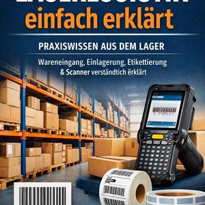 Puede incluir: Portada de libro con el título "LAGERLOGISTIK einfach erklärt" y el subtítulo "PRAXISWISSEN AUS DEM LAGER". La imagen muestra un almacén con un escáner de código de barras, rollos de etiquetas y cajas en estanterías. El autor es Oliver Gebhardt.