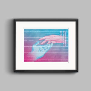 Vaporwave Mono no Aware Art Print and Sticker - synthwave, outrun, 80s, retro, glitch, neon, hands, pixel, japanese, poster, wall art, decal