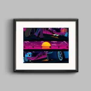 Showdown Art Print and Sticker - synthwave, vaporwave, outrun, 80s, retro, portrait, neon, sunset, car chase, ferrari, motorcycle, beach