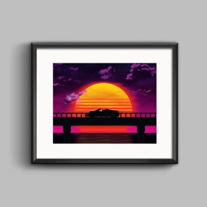 Causeway (Car) Art Print and Sticker - synthwave, vaporwave, outrun, 80s, retro, portrait, neon, sunset, california, car, ferrari, wall art