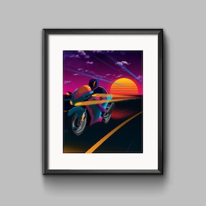 Oceanside Art Print and Sticker - synthwave, vaporwave, outrun, 80s, retro, portrait, neon, sunset, california, motorcycle, wall art