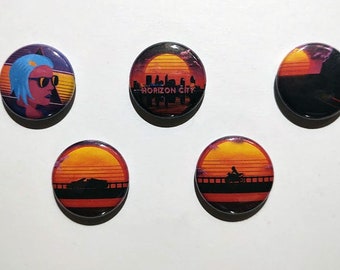 Horizon City Buttons - pulsanti da 1", pin, synthwave, retrò, anni '80, neon, retrowave, vaporwave, tramonto