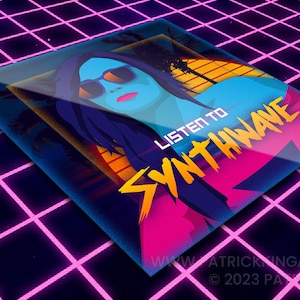 Listen to Synthwave Vinyl Sticker - synthwave, vaporwave, outrun, 80s, retro, neon, girl, palm tree, sticker, decal