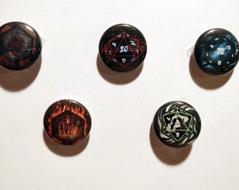 D20 Buttons - 1" buttons, dice, dungeons & dragons, dnd, pins, horror, retro, sci-fi, rpg, gaming