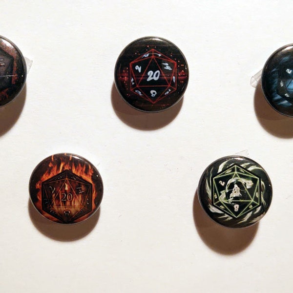 D20 Buttons - 1" buttons, dice, dungeons & dragons, dnd, pins, horror, retro, sci-fi, rpg, gaming