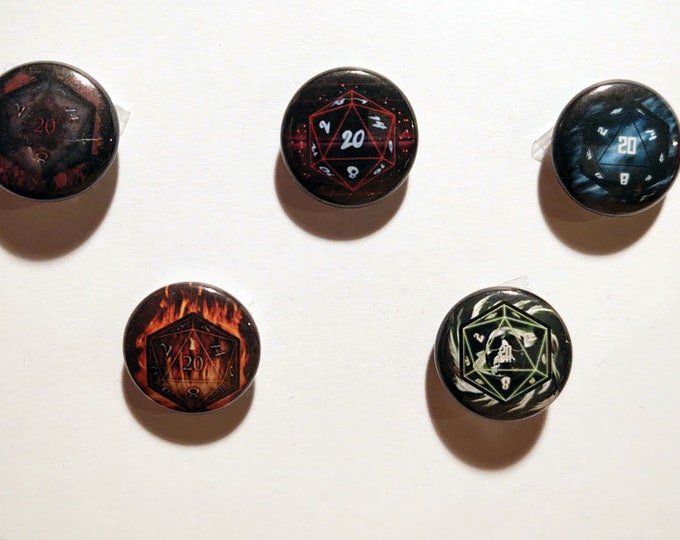 D20 Buttons - 1" buttons, dice, dungeons & dragons, dnd, pins, horror, retro, sci-fi, rpg, gaming