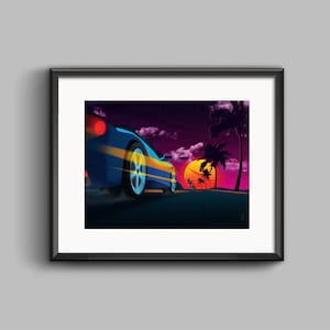 The Pursuit Art Print and Sticker - synthwave, vaporwave, outrun, 80s, retro, portrait, neon, sunset, car chase, ferrari, wall art