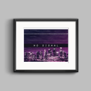 Vaporwave No Signal Art Print and Stickers - synthwave, outrun, 80s, retro, glitch, neon, skyline, city, poster, wall art