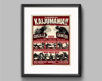 Kaijumania!! Wrestling poster Art Print - kaiju, godzilla, gamera, pacific rim, monsters, fight, japanese, cloverfield, poster, wall art