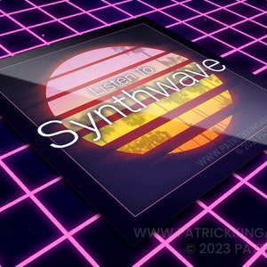 Luister naar Synthwave: 1984 Vinyl Sticker - synthwave, vaporwave, outrun, 80s, retro, neon, fm-84, zonsondergang, strand, sticker, sticker