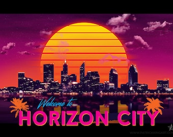 May include: A digital art print featuring a cityscape silhouette against a vibrant sunset. The artwork includes the text "Welcome to Horizon City" in a retro font, with palm tree graphics. The color palette includes shades of orange, pink, and purple.
