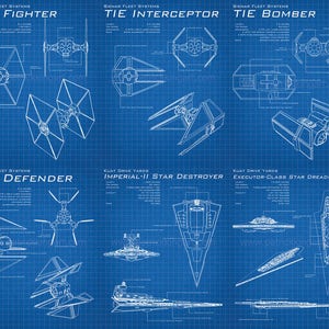 Star Wars Galactic Empire Blueprints Art Prints set - TIE Fighter, Bomber, Interceptor, Defender, Star Destroyer, Executor, poster, poster