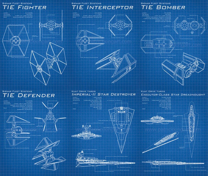 Star Wars Galactic Empire Blueprints Art Prints set TIE Fighter, Bomber, Interceptor, Defender, Star Destroyer, Executor, poster, poster image 1