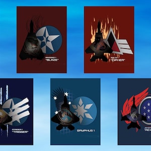 May include: A collection of seven rectangular posters featuring fighter jet silhouettes paired with unique emblems and callsigns including Mobius 1, Blaze, Cipher, Talisman, Trigger, Gryphus 1, and Rex, displayed against varied coloured backgrounds.