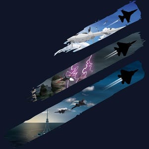 Peut inclure: Illustration d'avions en vol sur fond bleu foncé. L'image est divisée en sections diagonales, chacune représentant une scène différente, dont un avion à hélice, des avions de chasse et un paysage avec des éclairs.