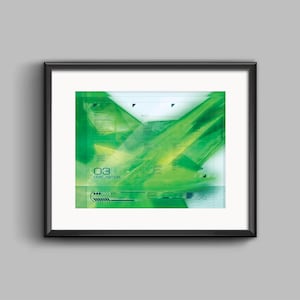 May include: Abstract digital art print in a black frame. The artwork features a vibrant green and yellow color scheme with geometric shapes and the text "03 cyber sample". The design has a futuristic, tech-inspired aesthetic.