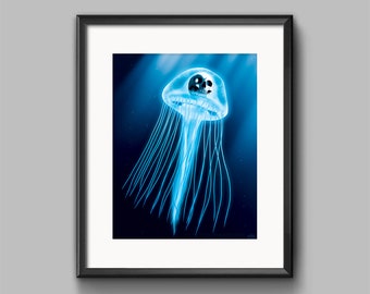 Neon Medusa Art Print - painting, surreal, jellyfish, skull, dark, dream, nightmare, underwater, ocean, poster, wall art
