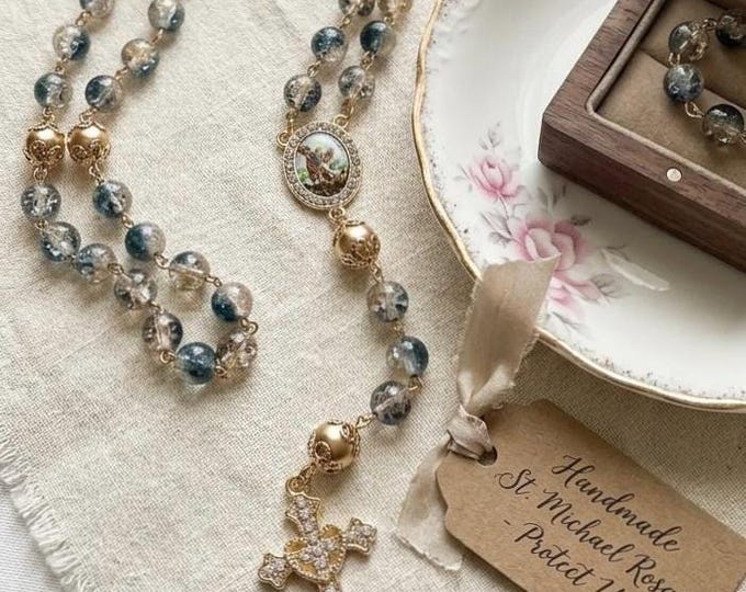 Rosary with  Saint Michael Archangel & gold Crucifix