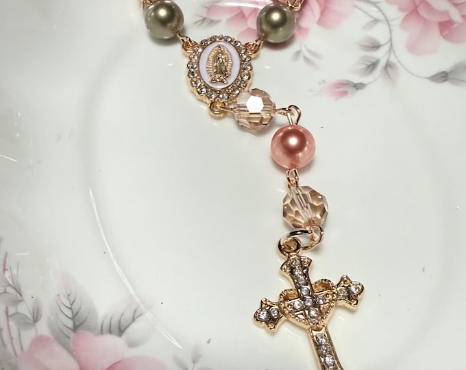 Rose Gold Car Rosary, Pearl Beaded Rearview Mirror Rosary, Confirmation Gift, Catholic Auto Accessory