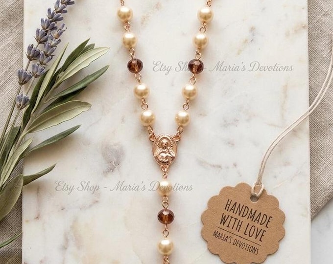 Car rosary with rose gold Virgin Mary, cross and hardware