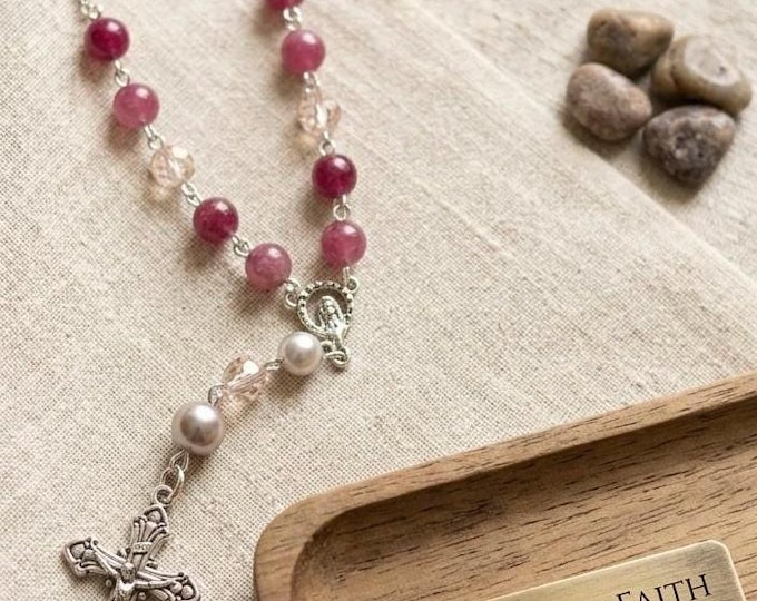 Silver Car Rosary, Pearl Beaded Rearview Mirror Rosary, Virgin Mary Crucifix, Confirmation Gif