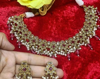 Antikes Gold-Choker-Halsketten-Set mit Rubinsteinen, Perlentropfen | Indischer Braut Kundan Schmuck