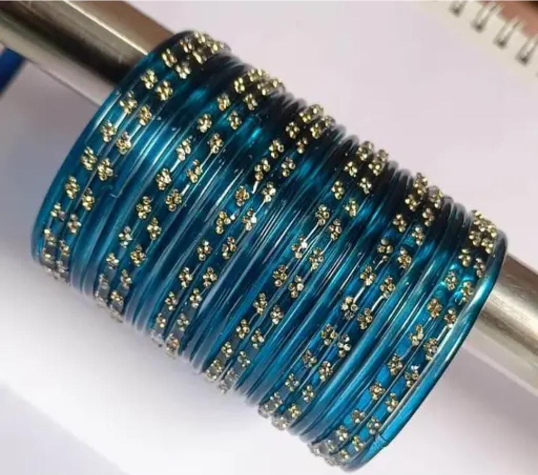 Teal Glass Bangles With Gold Stone Work, Indian Bridal Chudi Set - Etsy