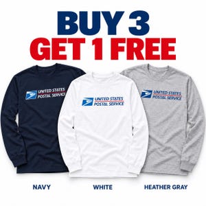 May include: Three long-sleeve shirts in navy, white, and heather gray, each featuring the United States Postal Service logo and text on the chest. The text BUY 3 GET 1 FREE appears at the top, with color labels at the bottom.