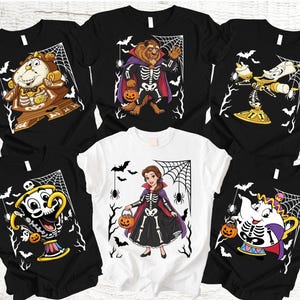 Halloween Disney Belle en het Beest shirt, Beest Belle familie shirt, Mrs. Potts Chip Cogsworth skelet shirt,